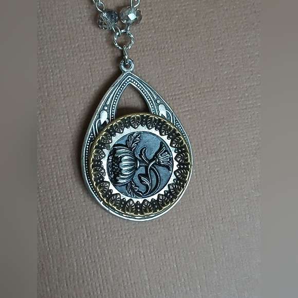 Antique Picture Button Necklace, Oxidized Silver, Victorian Boho Western - Picture 2 of 2